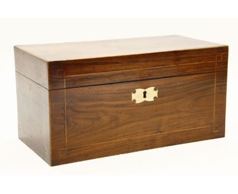 A George III inlaid rosewood tea caddy, the lid opening to reveal two divisions and mixing bowl within, 30 x 15 x 15cm