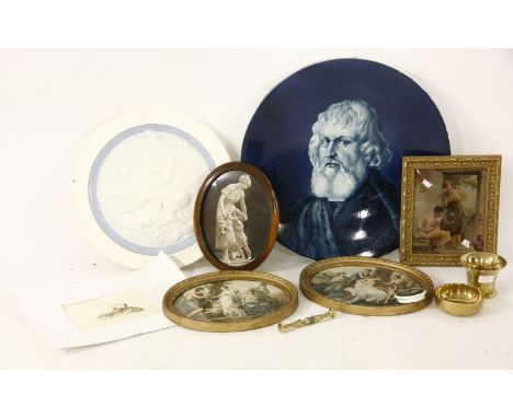 A large wall charger, with portrait of 'Hieronymus Holzhacker', 56cm diameter,  framed prints, cherry toothpaste pot lid, and