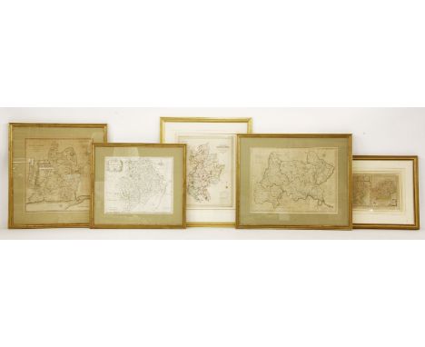 Five framed vintage maps, to include maps of Monmouthshire, Middlesex and Bedfordshire