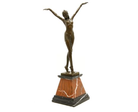 After Chiparus, a modern bronzed figure of a dancer on a marble plinth, 55cm high