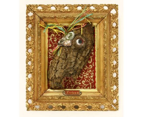 *Jo Bondy (1937-2015),'ZIRKUS'an assemblage sculpture, within a deep gilt frame32 x 27cm,together with 'The Button Lady',a dr