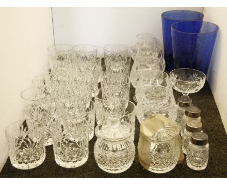 Eighteen cut glass tumblers, together with five cut glass brandy glasses, two glass preserve pots etc* This lot will be sold 