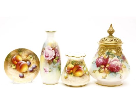 A Royal Worcester porcelain lidded vase, the pierced on an oriform body, decorated with roses, signed by M Hunt, 16cm high, t