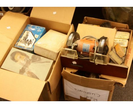 A quantity of tools and power tools, to include a bench grinder, a pillar drill, a task saw, pipe bender, pliers, etc