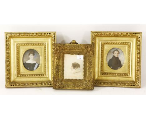 A pair of Austrian oval watercolour portrait miniatures on ivory,  and another, in gilt frames20 x 18.5cm overall