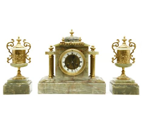 An Onyx clock garniture, with gilt metal mounts, decorated with classical scenes, the clock 30cm high