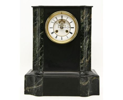 A large Victorian serpentine front slate mantel clock, the white enamel dial with black Roman numerals, signed Ollivant & Bot