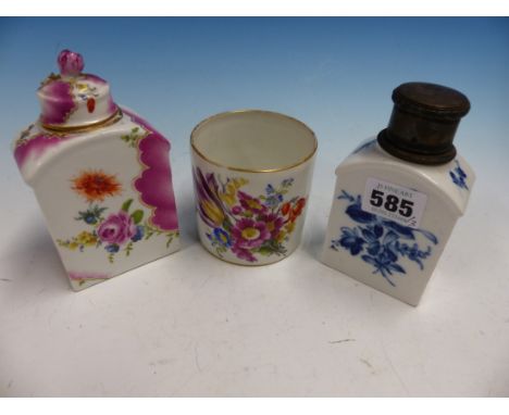 A MEISSEN TEA CADDY WITH EUROPEAN SILVER COVER.   H 11.5cms. ANOTHER GERMAN TEA CADDY AND COVER.   H 13cms. AND A MARCOLINI M