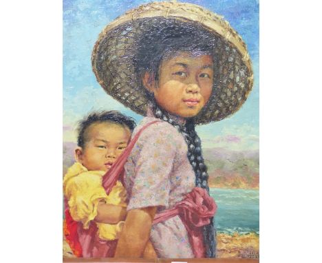 REINHOLD R ZELLER  (1908-1977)  ARR   A CHINESE MOTHER AND CHILD, SIGNED AND DATED 1953, OIL ON BOARD.   51 x 43cms.