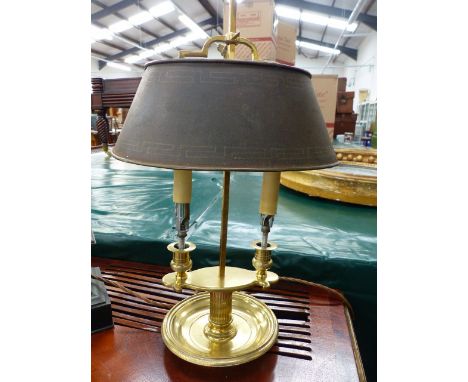 A REGENCY STYLE GILT BRASS TWO LIGHT STUDENT'S OR DESK LAMP WITH A TOLE DECORATED TIN SHADE TOGETHER WITH A TOLE AND BRASS CL