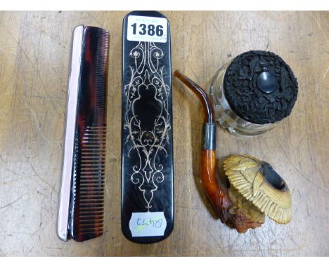 A GOLD WIRE PICQUE TORTOISESHELL BACKED CLOTHES BRUSH, A PINK ENAMELLED SILVER MOUNTED COMB, A MEERSCHAUM PIPE WITH AFRICAN H