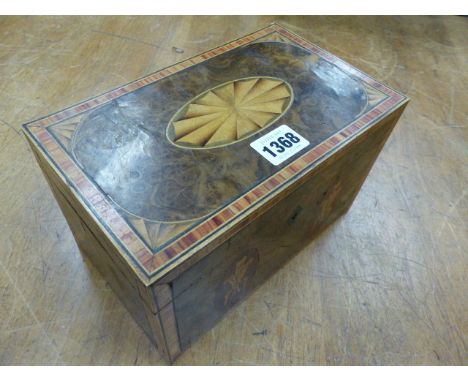 A MARQUETRY BURR WALNUT TEA CADDY, THE CROSS BANDED RECTANGULAR LID WITH CENTRAL OVAL PATERA AND ENCLOSING TWO LIDDED COMPART