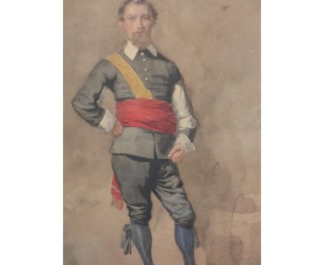 19th.C.ENGLISH SCHOOL. PORTRAIT OF A GENTLEMAN IN CAVALIER'S DRESS, INSCRIBED LANGHAM, JAN 3, 1863, WATERCOLOUR. 34.5 x 29cms