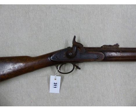 AN ENFIELD TOWER THREE BAND PERCUSSION RIFLE WITH V.R STAMPED LOCK, 1855-TOWER COMPLETE WITH RAMROD, THE STOCK STAMPED BOARD 