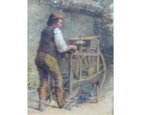 19th.C.ENGLISH SCHOOL.   THE KNIFE GRINDER, OIL ON CANVAS.   34 x 28.5cms.