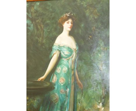 A DECORATIVE PORTRAIT OF AN ELEGANT LADY IN THE MANNER OF JOHN SINGER SARGENT, OIL ON CANVAS.   123 x 76cms.