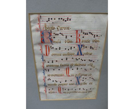 TWO EARLY ILLUMINATED MUSICAL MANUSCRIPT LEAVES, POSSIBLY DOMINICAN VELLUM.   35 x 24cms.