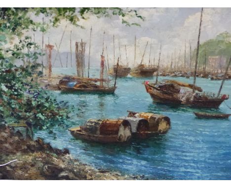 REINHOLD R ZELLER  (1908-1977)  ARR   HARBOUR VIEW, POSSIBLY HONG KONG, SIGNED AND DATED 1956. OIL ON BOARD.   40 x 50cms.