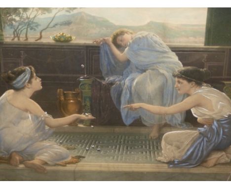 A VINTAGE COLOUR PRINT OF CLASSICAL FIGURES BY A POOL AFTER E.J.POYNTER.   40 x 62cms.