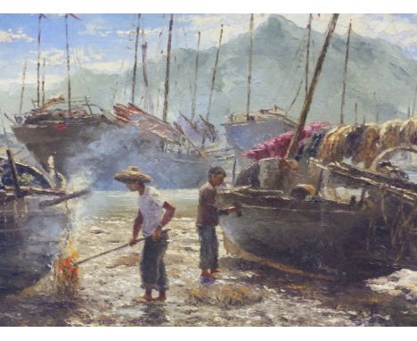 REINHOL R ZELLER  (1908-1977)  ARR   THE BOATYARD, POSSIBLY HONG KONG, SIGNED AND DATED 1854, OIL ON BOARD.   43 x 53cms.