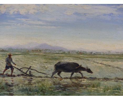 REINHOLD R ZELLER.  (1908-1977)  ARR   RICE FARMER WITH WATER BUFFALO, SIGNED AND DATED 1956, OIL ON BOARD.   39 x 50cms.