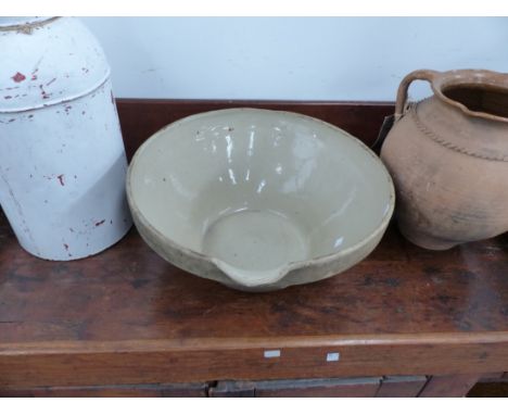 A VINTAGE LIPPED CREAM BOWL, AN ORIENTAL TIN TEA CANNISTER, A LARGE OIL JAR AND A TERRACOTTA JAR.  (40
