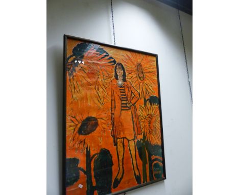 AFTER JOHN BRATBY.  (1928-1992)  ARR.   AMIDST THE SUNFLOWERS, FOLIO COLOUR PRINT POSTER   100 x 74cms.