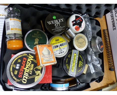 A LARGE COLLECTION OF AIRGUN PELLETS, VINTAGE TINS, AIRGUN SPRINGS ETC.