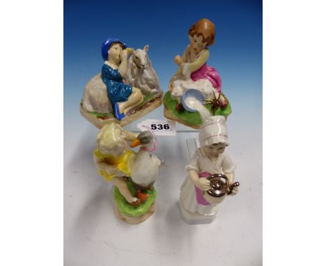 FOUR 1950'S ROYAL WORCESTER NURSERY RHYME FIGURES, THE TALLEST, POLLY PUT THE KETTLE ON.   H 15.5cms.