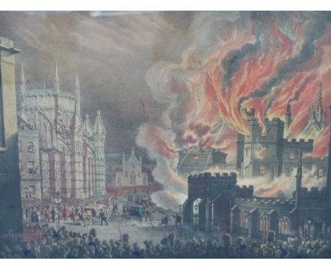 AFTER WILLIAM HEATH.  AN ANTIQUE HAND COLOURED PRINT, THE DESTRUCTION OF THE HOUSES OF LORDS AND COMMONS BY FIRE, OCTOBER 16,