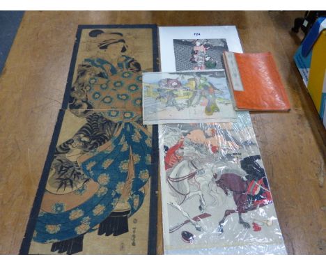 YOSHITOSHI, A WOODBLOCK PILLAR PRINT OF A BIJIN, A WOODBLOCK PRINT OF THE RUSSO-JAPANESE WAR, TWO OTHER PRINTS AND A BOOK ILL