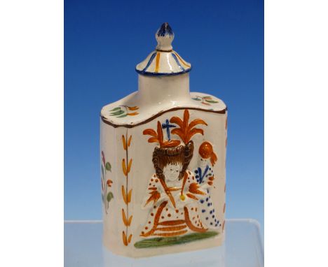 A GEORGE III PRATTWARE TEA CADDY AND COVER MOULDED IN RELIEF AND PAINTED WITH FIGURES OF MACARONI AND THEIR ATTENDANTS.   H 1