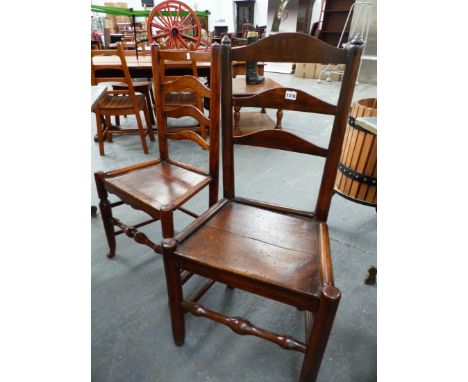 FIVE SIMILAR 19th.C.OAK AND ASH PLANK SEAT CHAIRS, ONE SPINDLE BACK AND FOUR LADDER BACK.  (5)