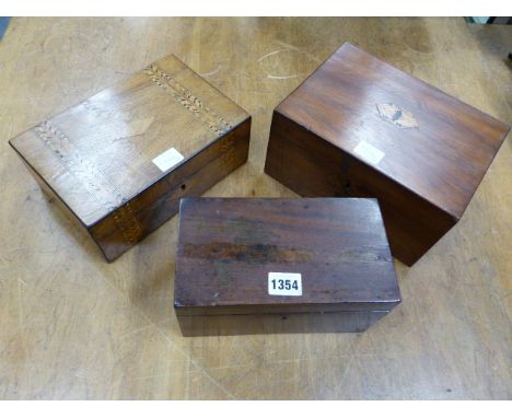 TWO TUNBRIDGE WARE BOXES AND A MAHOGANY TEA CADDY EACH HINGED LID OPENING ONTO A COMPARTMENT, THE LARGEST.   H 13 x 24.5 x 17