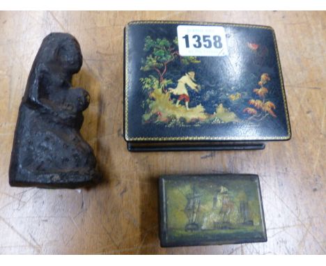 A RUSSIAN LACQUER BOX PAINTED WITH A FISHERMAN RELEASING THE GOLDEN FISH, THE BOX.   W 10cms. A SNUFF BOX PAINTED WITH A BATT