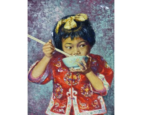 REINHOLD R ZELLER.  (1908-1977)  ARR   A YOUNG CHINESE GIRL EATING WITH CHOPSTICKS, SIGNED AND DATED 1959, OIL ON CANVAS.   5
