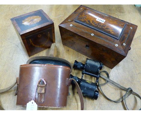 A GEORGE III SINGLE COMPARTMENT TEA CADDY.   W 13cms. A YEW WOOD INLAID ROSEWOOD WORK BOX.   W 29cms. TOGETHER WITH A LEATHER