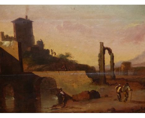 OLD MASTER SCHOOL.  AN ITALIANATE LANDSCAPE WITH VILLAGE AND RUINS, OIL ON PANEL.   66 x 117cms.