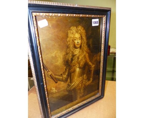 A REVERSE GLASS PRINT OF JAMES, 1ST DUKE OF ORMONDE IN ARMOUR HOLDING A MARSHAL'S BATON.   35 x 24cms.