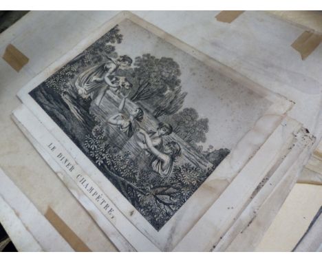 A GROUP OF 18th/19th.C. PRINTS AND MAPS TO INCLUDE SOME FRENCH GENRE SCENES AND A PORTRAIT OF J.M.W.TURNER IN HIS STUDIO, ALL