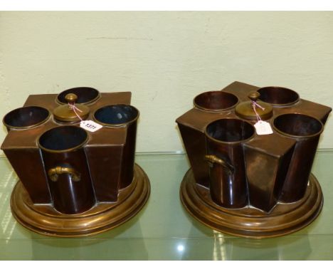 PEARSON &amp; CO. LONDON, A PAIR OF VINTAGE COPPER FOUR BOTTLE WINE COOLERS WITH BRASS HANDLES AND LIDS TO THE ICED WATER COM