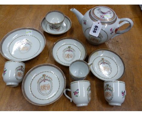 A LATE 18th/EARLY 19th C. CHINESE PART TEA AND COFFEE SERVICE, EACH PIECE INITIALLED JF WITHIN AN OVAL HUSK AND WAVE SCROLL B