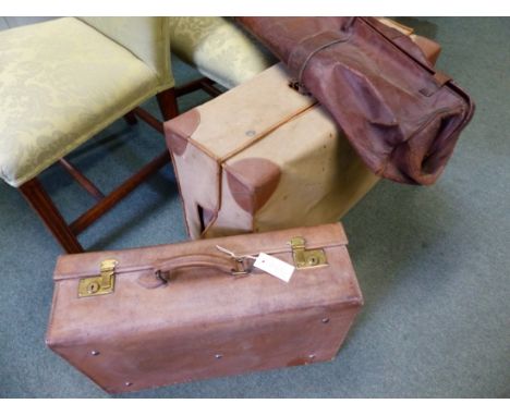 A LARGE VINTAGE PIGSKIN LEATHER SUITCASE BY J.C.VICKERY WITH OUTER COVER TOGETHER WITH A SMALLER LEATHER SUITCASE AND A LEATH
