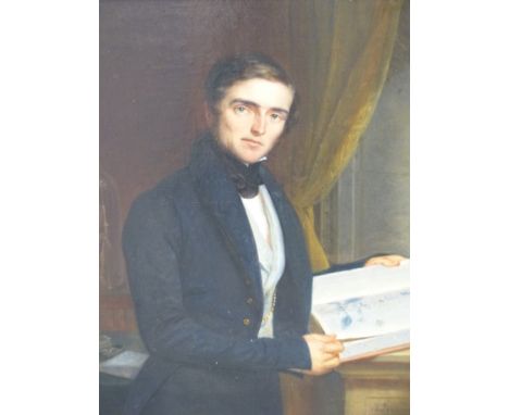 CHARLES FOURNIER.  (1803-1854)   PORTRAIT OF A GENTLEMAN IN HIS STUDY EXAMINING A BOTANICAL BOOK, SIGNED AND LOCATED PARIS, I