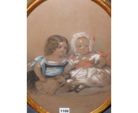 ENGLISH VICTORIAN SCHOOL.   OVAL PORTRAIT OF TWO CHILDREN WITH A DOLL, SIGNED AND DATED INDISTINCTLY, COLOURED CHALK AND PENC