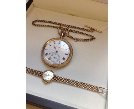 A 9ct GOLD  UNO LADIES WATCH WITH WOVEN BRACELET AND LADDER CLASP, AND AN ELGIN POCKET WATCH COMPLETE WITH ALBERT CHAIN AND T