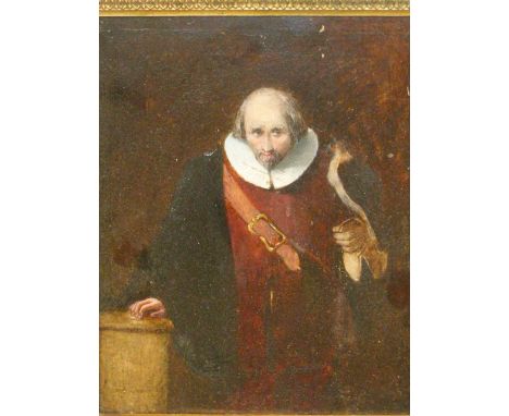 19th.C.ENGLISH SCHOOL.   PORTRAIT OF A GENTLEMAN IN 17th.C.STYLE COSTUME, OIL ON BOARD.   30 x 24cms.