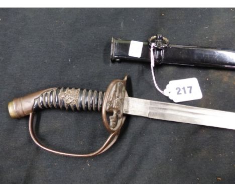 A PRUSSIAN GUARD'S SWORD WITH W R II MONOGRAM ON THE WIRE BOUND HANDLE IN BLACK SCABBARD TOGETHER WITH A MARTINDALE MACHETE, 