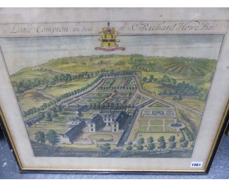 AN ANTIQUE HAND COLOURED PRINT AFTER KIP OF LITTLE COMPTON, THE SEAT OF SIR RICHARD HOWE.   43 x 52cms.