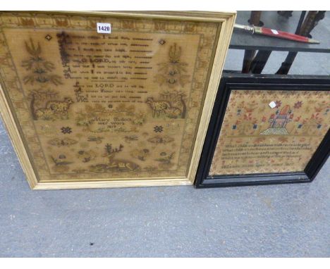 MARY BULLOCK HER 1819 SAMPLER.  H 58.5 X W 54cms TOGETHER WITH ELIZABETH DAVIS'S 1857 SAMPLER.   H 38 X W 42cms.